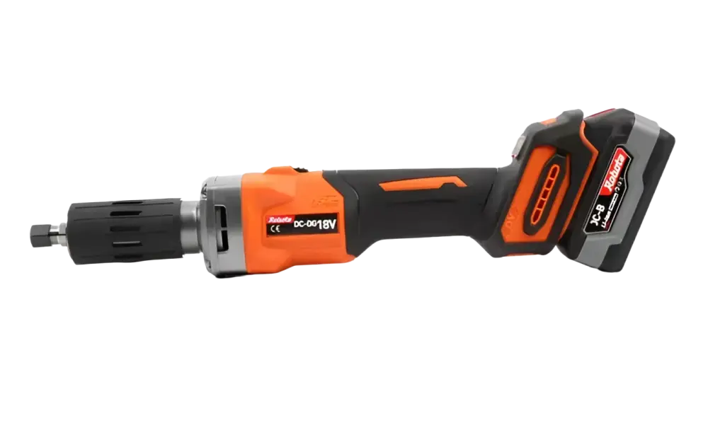 Orange ja musta akkutoiminen robota dc-dg18v suorahiomakone makita logolla ja akkupakkauksella