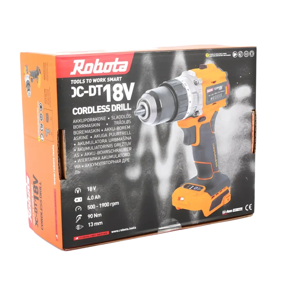 Robota dc-dt18v akkuporakone oranssi musta runko teksturoidulla kahvalla ja hopeisella chuckilla helpottaa terien vaihtoa