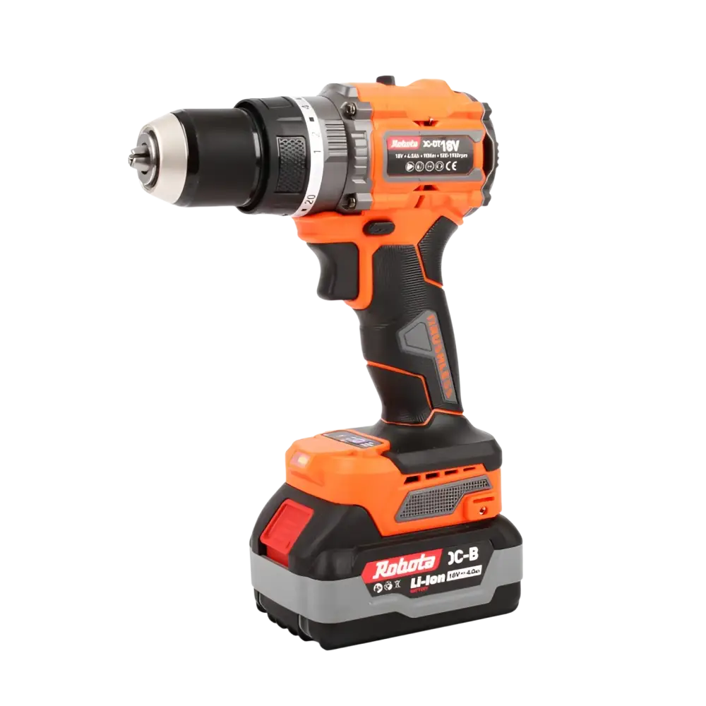 Robota dc-dt18v akkuporakone 13mm oranssi musta teksturoitu kahva helpottaa terien vaihtoa akkuporakone robota