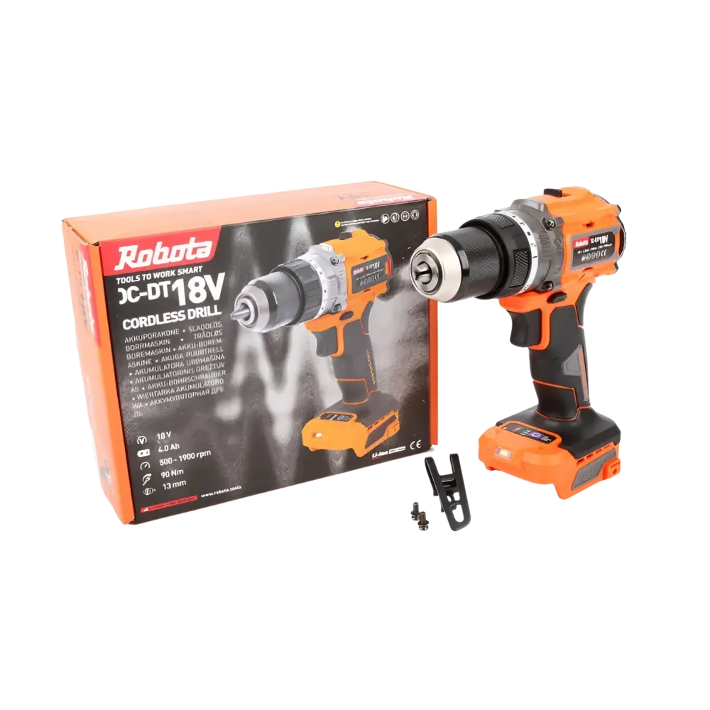 Robota dc-dt18v akkuporakone 18v oranssi musta runko ergonomisilla kahvoilla ja helpottaa terien vaihtoa