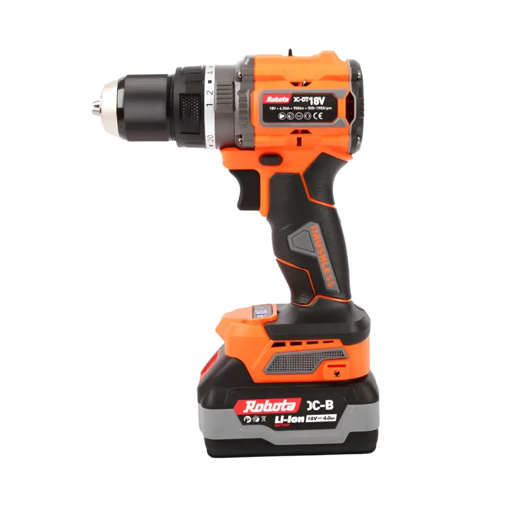 Robota dc-dt18v akkuporakone oranssi musta teksturoitu kahva helpottaa terien vaihtoa robota x-018v mallilla