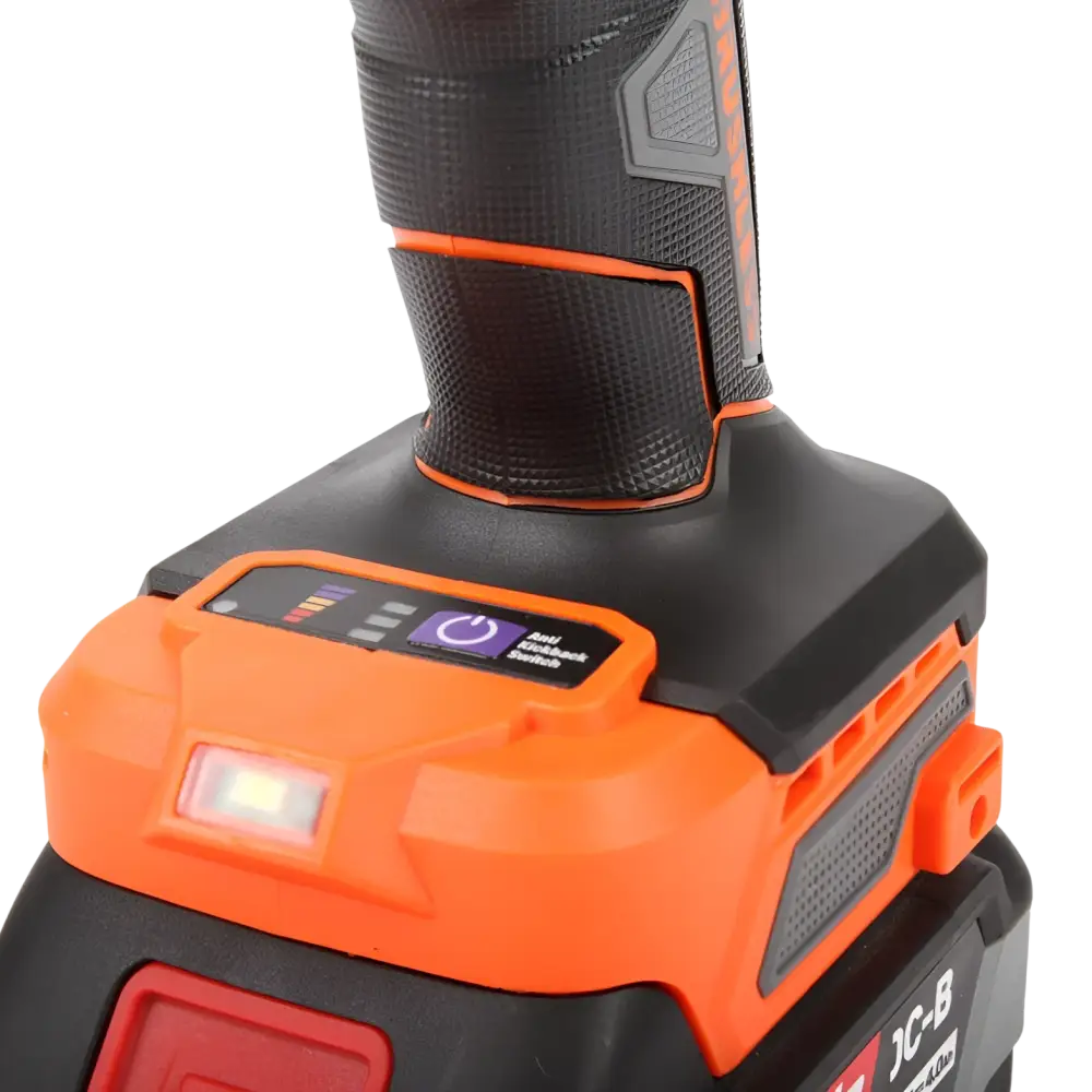 Robota dc-dt18v akkuporakone 13mm oranssi musta kahvallinen led-valolla ja digitaalinäytöllä helpottaa terien vaihtoa
