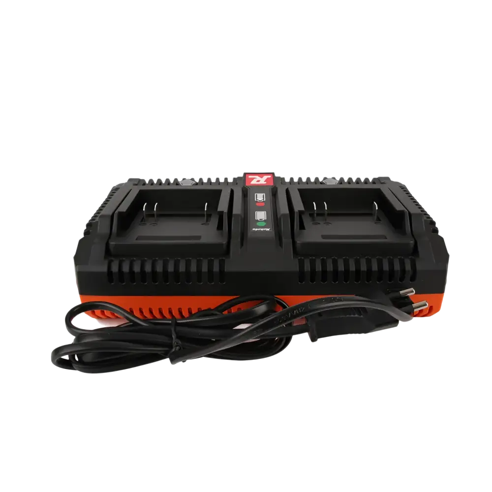 Robota dc-dxh18v musta ja oranssi kaksoispikalaturi, jossa on punainen logo yläosassa, robotan 18v pikalaturi