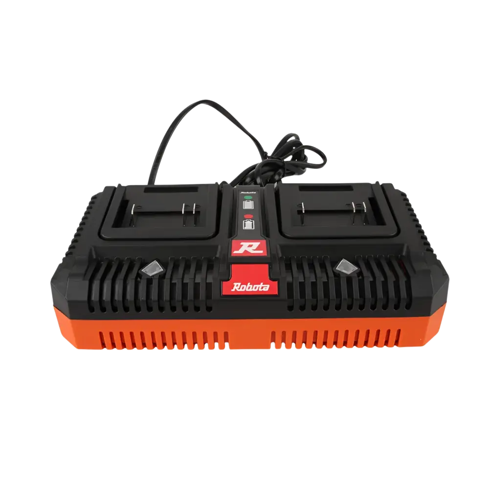Robota dc-dxh18v musta ja oranssi kaksoispikalaturi teksturoidulla otteella robotan 18v akuille