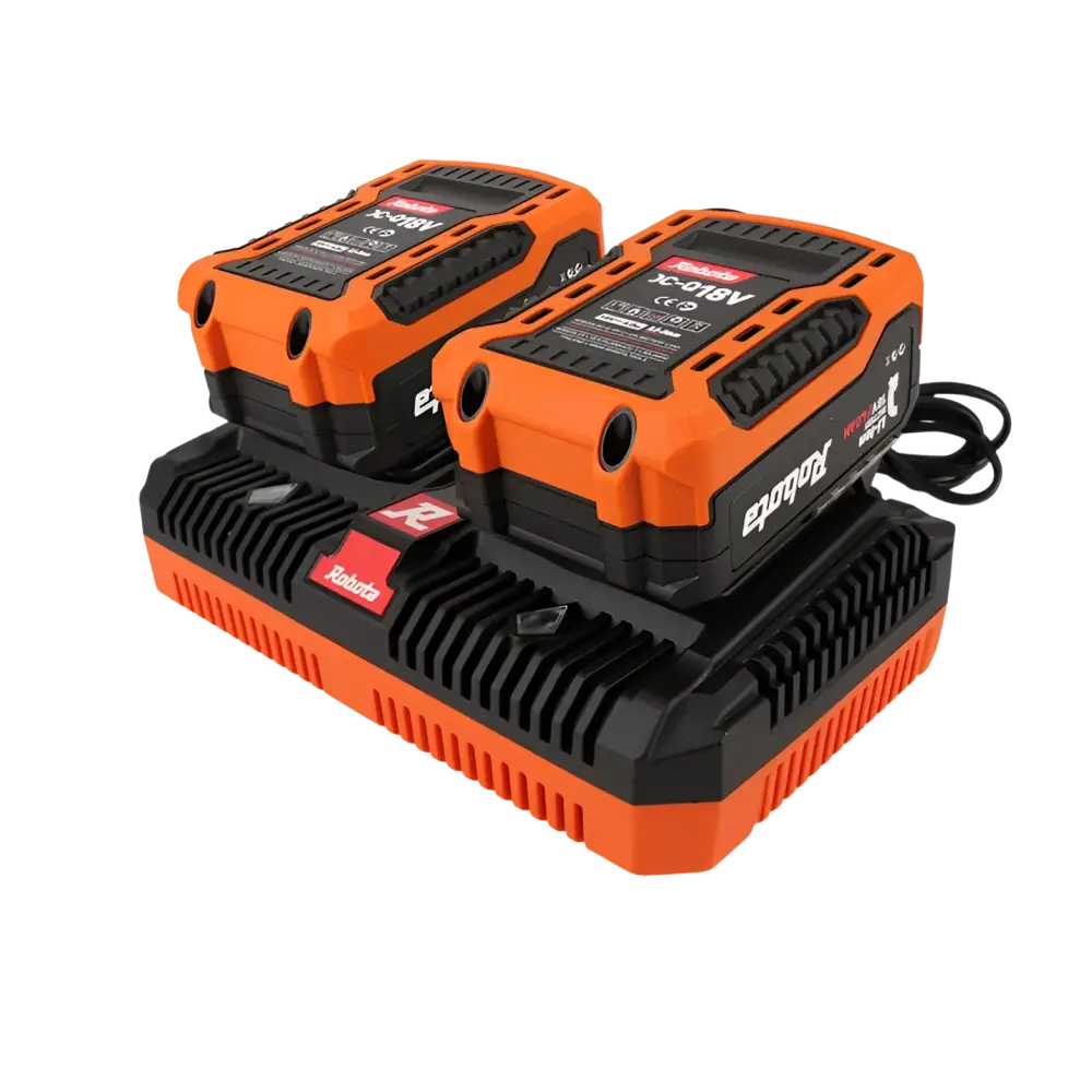 Orange ja mustat robota dc-dxh18v 18v akkupaketit lepäävät pikalaturi robotan kaksoispikalaturissa