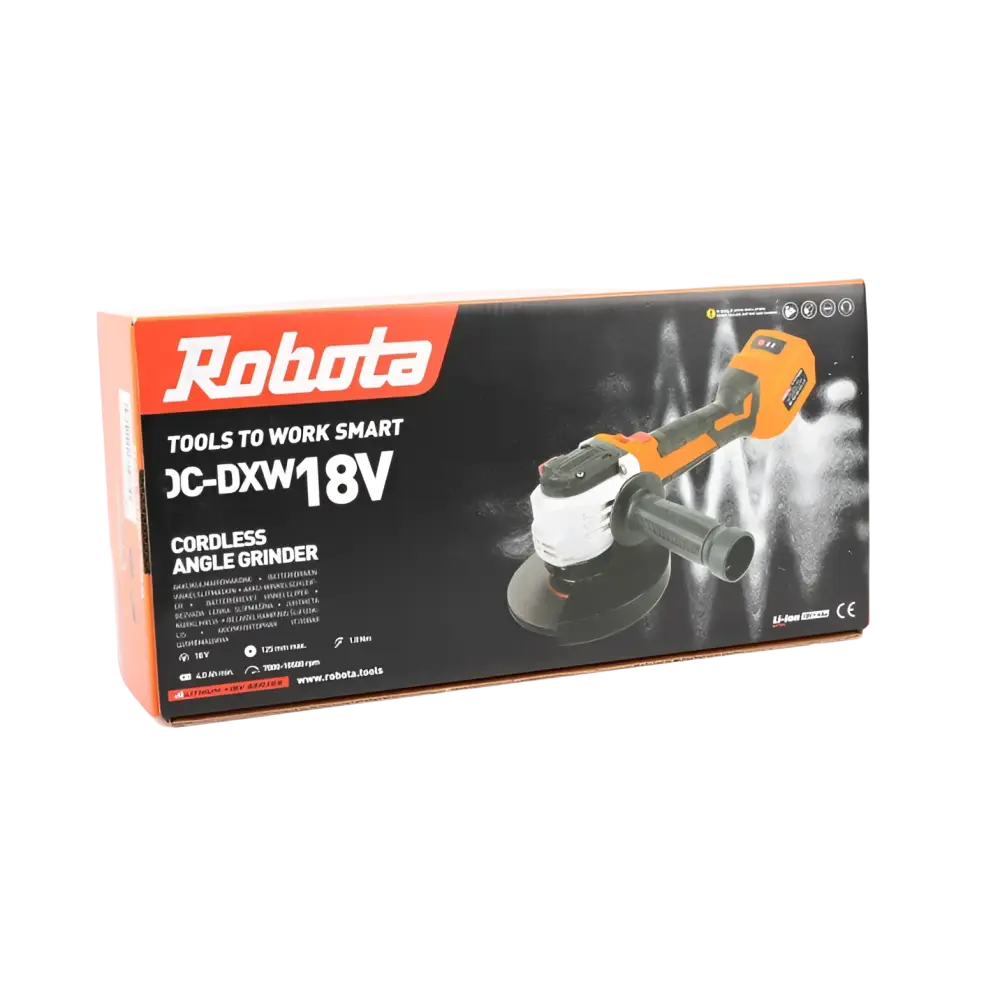 Robota dc-dxw18v akkukulmahiomakone oranssi musta akkukulmahiomakone metallin hiontaan myyntipakkauksessa