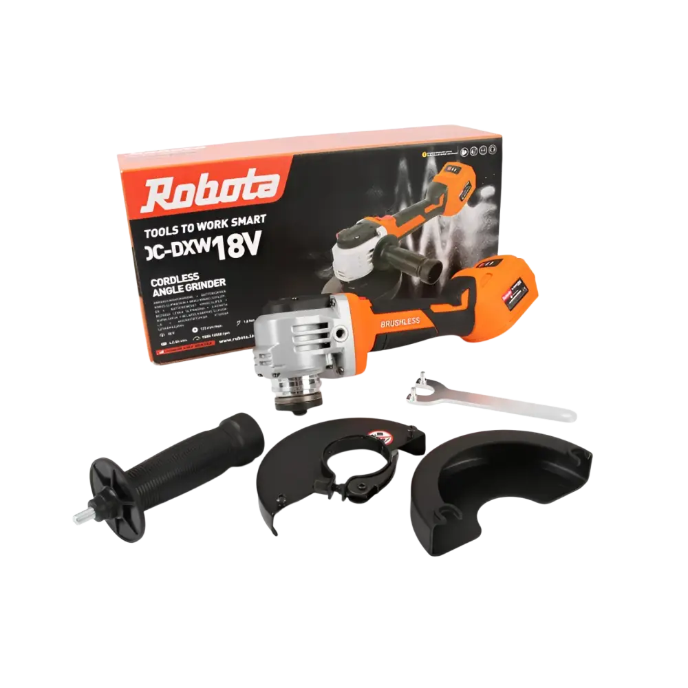 Robota dc-dxw18v akkukulmahiomakone oranssi ja musta runkoversio metallin hiontaan hopeanvärisellä päällä