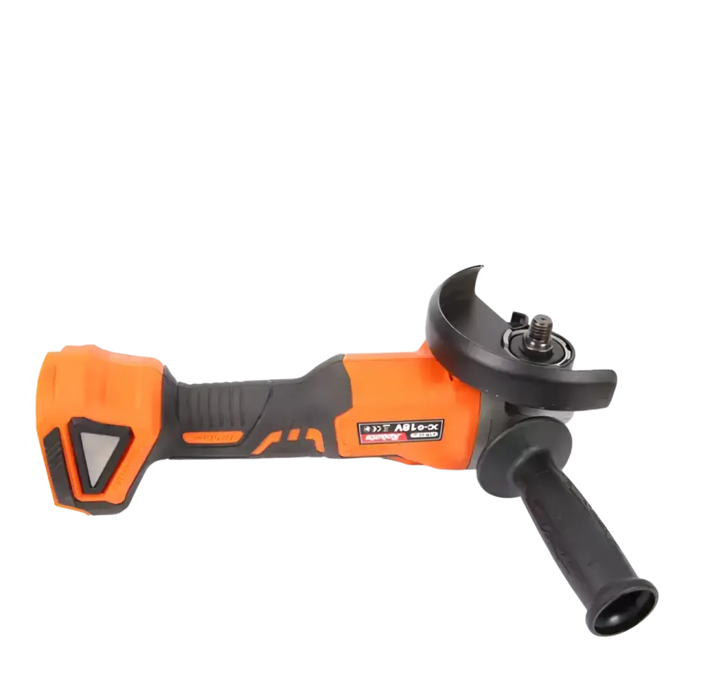 Oranssi ja musta robota dc-g 18v akkukulmahiomakone 125mm runko teksturoitu kahva ergonominen ote
