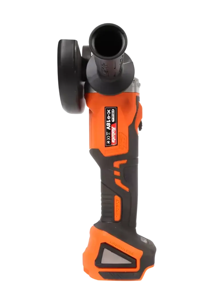 Oranssi ja musta robota dc-g 18v akkukulmahiomakone 125mm runko näkyvällä brändilogolla sivulla