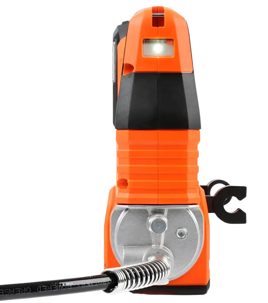 Oranssi ja musta robota dc-g218v akkurasvaprässi runko hopeisella metallisella pohjalevyllä