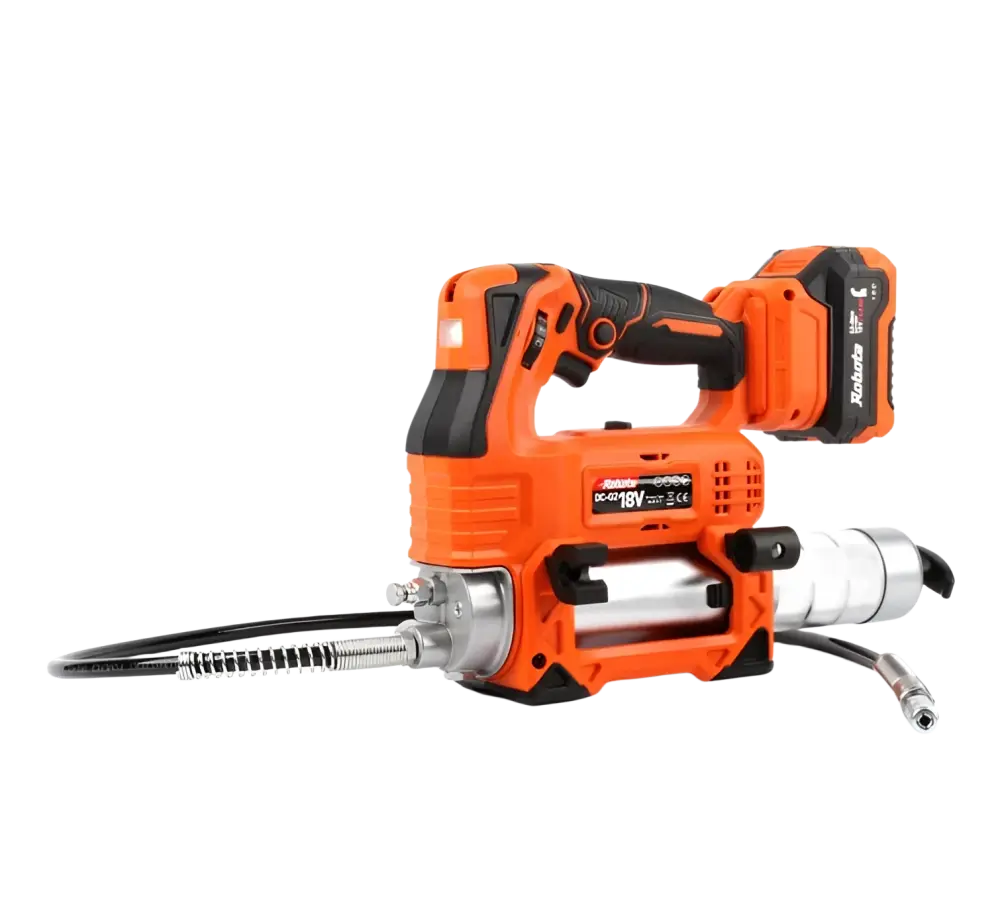 Robota dc-g218v akkurasvaprässi runko oranssi ja musta laite hopeisella metalliputkella ja liitetyillä letkuilla