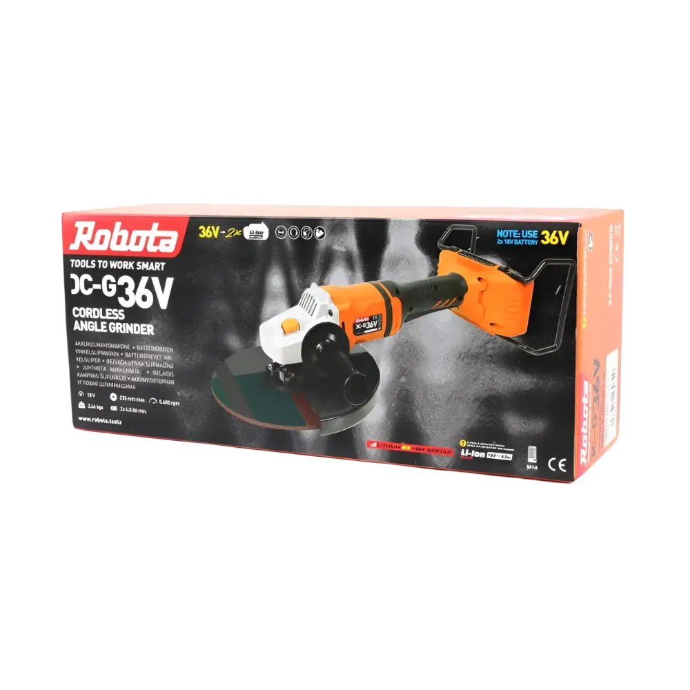Robota dc-g36v akkukulmahiomakone 230mm oranssi ja musta johdoton kulmahiomakone valkoisilla yksityiskohdilla