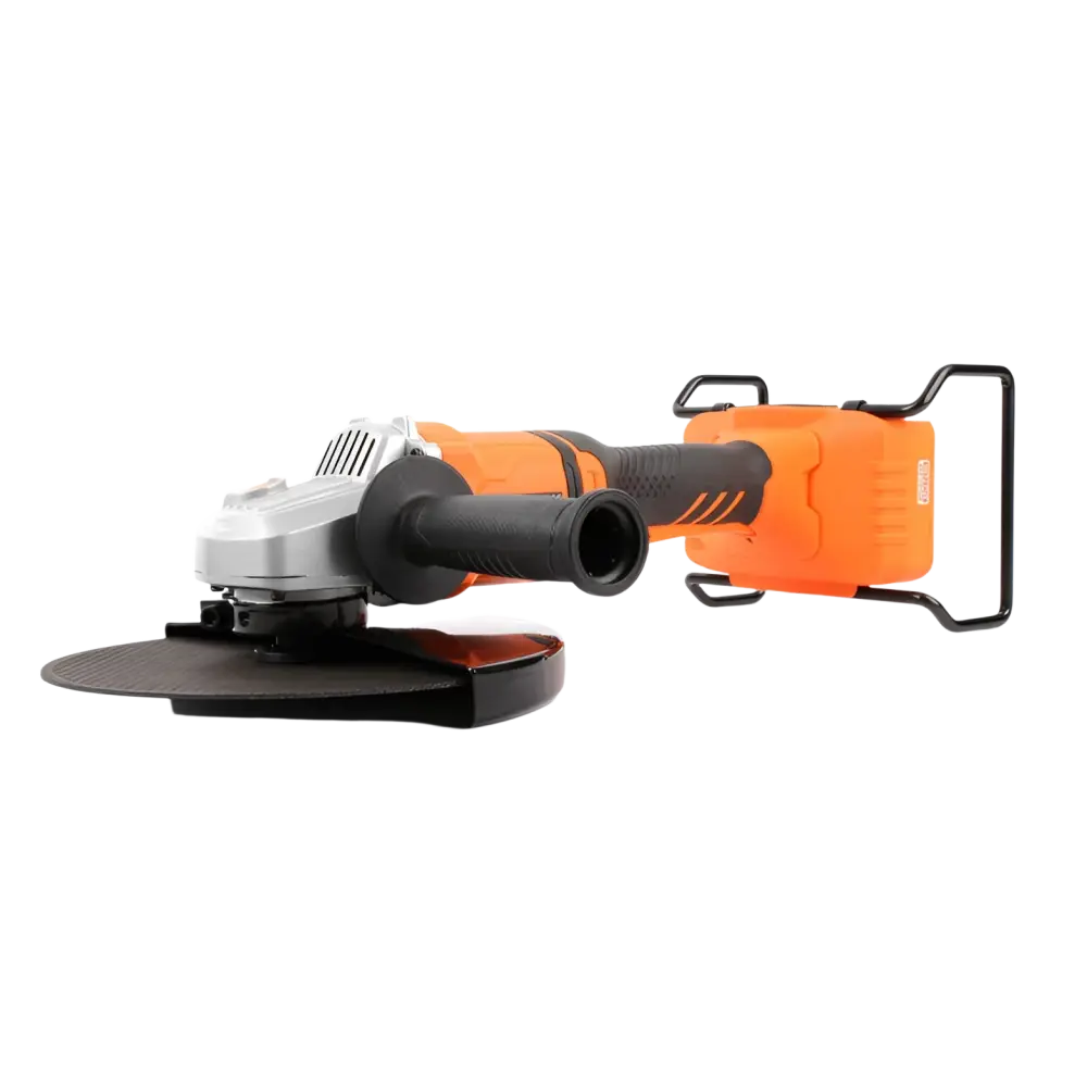 Robota dc-g36v akkukulmahiomakone 230mm oranssi ja musta runko hopeisella kotelolla ja mustalla hiomalaikalla