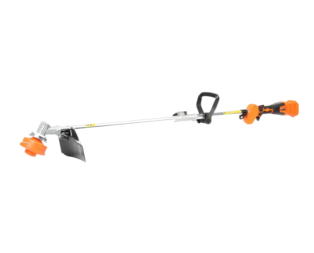 Orange ja musta robota dc-gc18v akkutrimmeri kolmella erilaisella vaihtopäällä metallisella varrella ja säädettävällä kahvalla