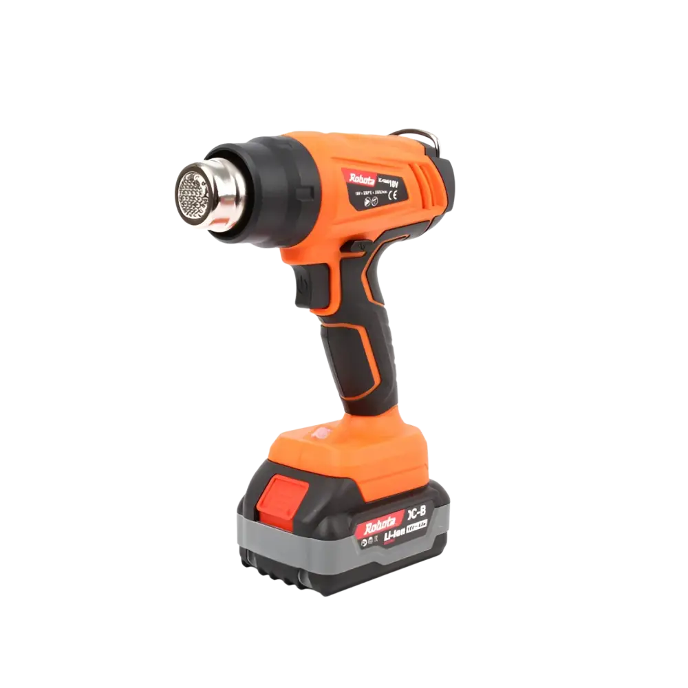 Orange ja musta akkukäyttöinen kuumailmapuhallin raketa xc-8 metallisella suuttimella robota dc-hag18v runko