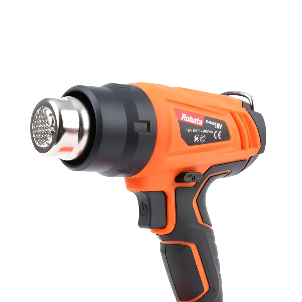 Orange ja musta robota xc-140p 18v akkukäyttöinen kuumailmapuhallin metallisella suuttimella runko