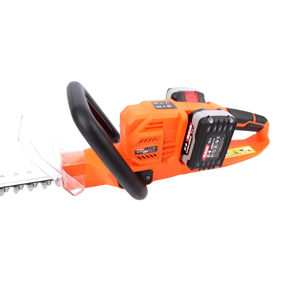 Oranssi ja musta akkupensasleikkuri 36v runko selkeällä muovisuojuksella robota dc-ht36v-mallissa