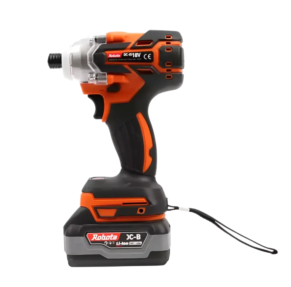 Robota dc-is18v oranssi ja musta akkutyökalusarjan iskevä ruuvinväännin hopealla istukalla