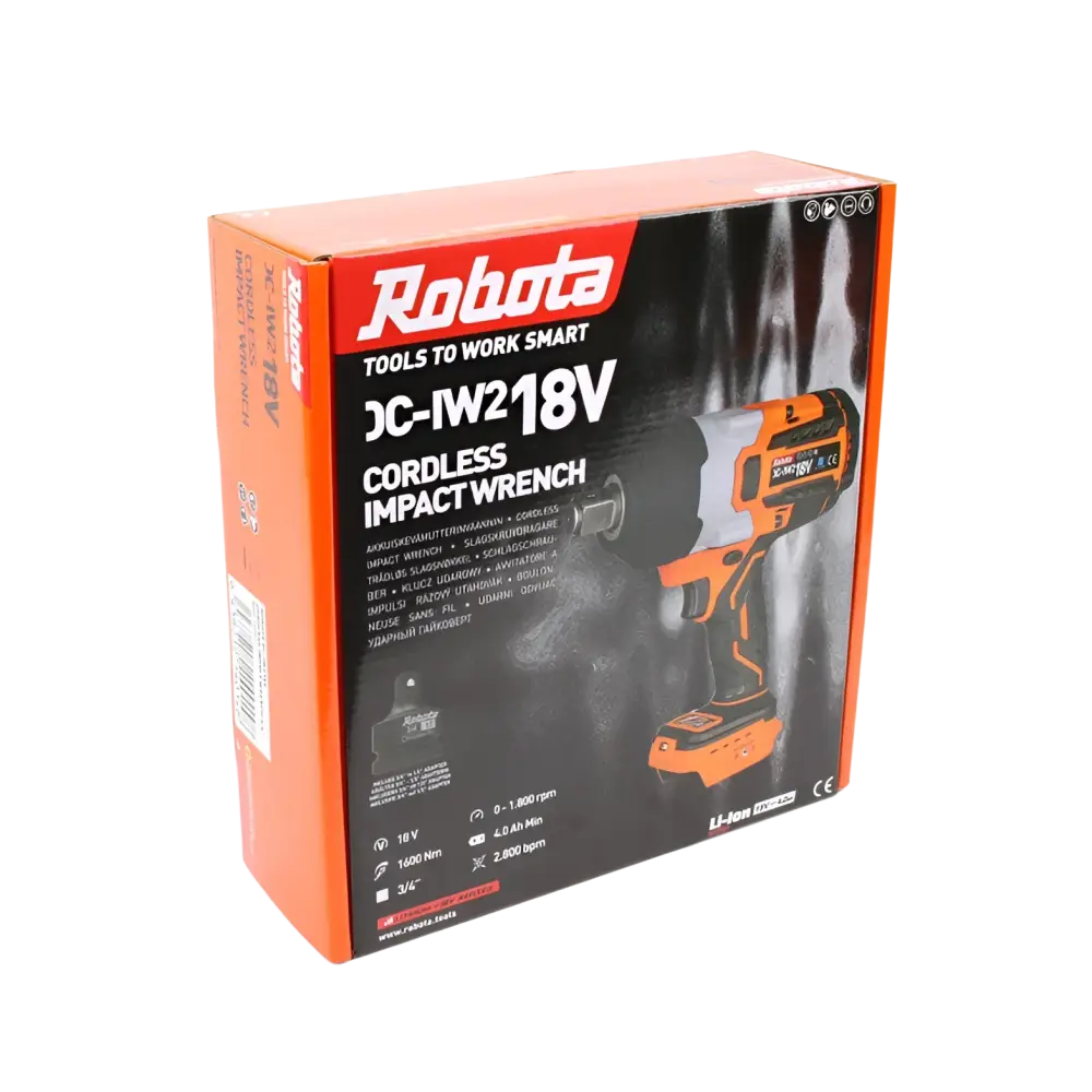 Robota dc-iw218v iskevä akkumutterinväännin 3/4 in oranssi ja musta väri kotelossaan myyntipakkauksessa