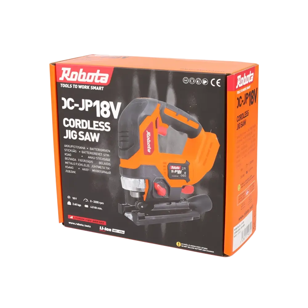 Robota dc-jp18v akkupistosaha oranssi musta värinen johdoton sahapaketti käyttövalmiina myyntipakkauksessa