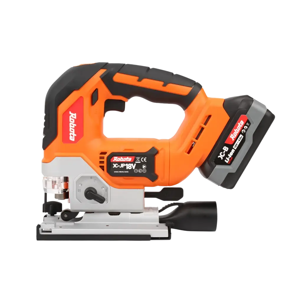 Robota dc-jp18v akkupistosaha oranssi musta johdoton sahatyökalu harmaalla akulla ja robota jc-jp18v mallinimellä