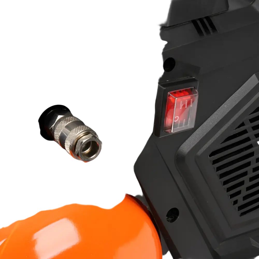 Robota dc-k618v akkukompressori musta-oranssi painemittarilla, metallisella letkuliittimellä ja punaisella virtakytkimellä
