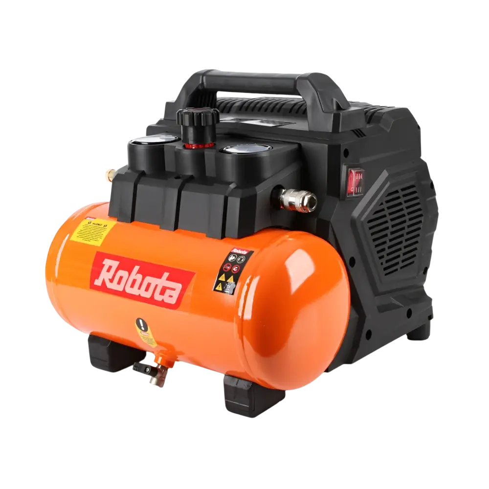 Robota dc-k618v akkukompressori 6l oranssi ja musta sylinterimäinen säiliö säätönuppien ja ilmanvaihtoaukkojen kanssa