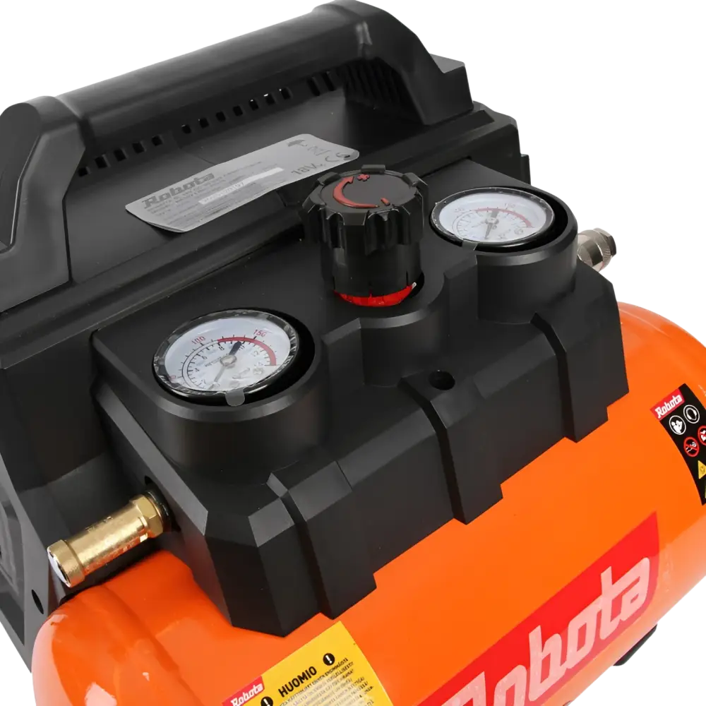 Robota dc-k618v akkukompressori 6l oranssi musta runko kaksoispainemittarit ja kantokahva
