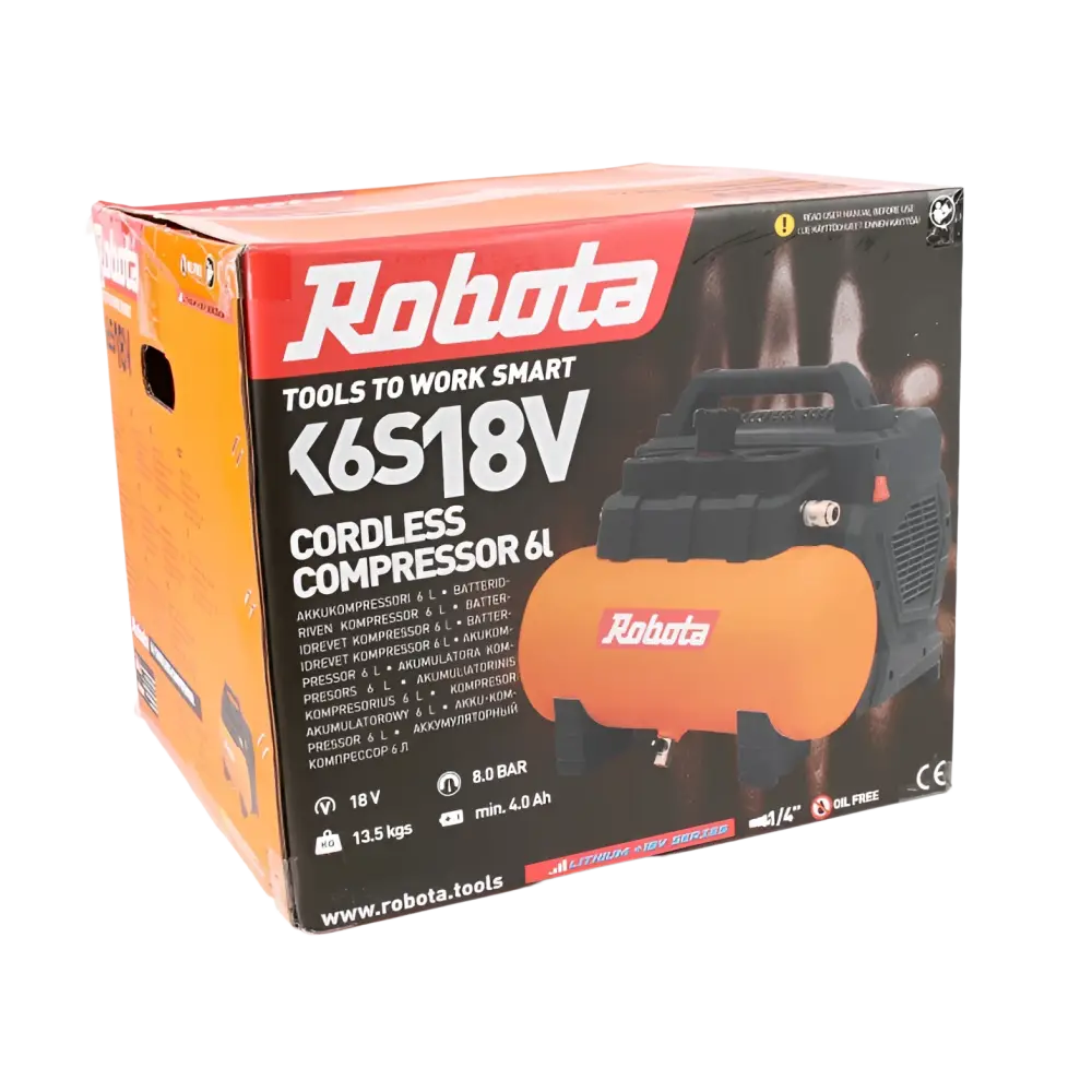 Oranssi ja musta robota dc-k618v akkukompressori 6l säiliöllä tehokkaaseen paineilmakäyttöön