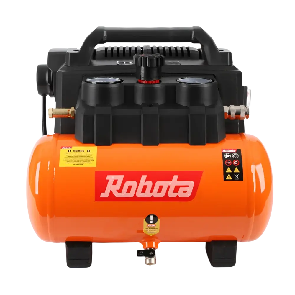 Oranssi robota dc-k618v akkukompressori mustalla kannella ja kahvalla 6 litran runko sivulta nähtynä