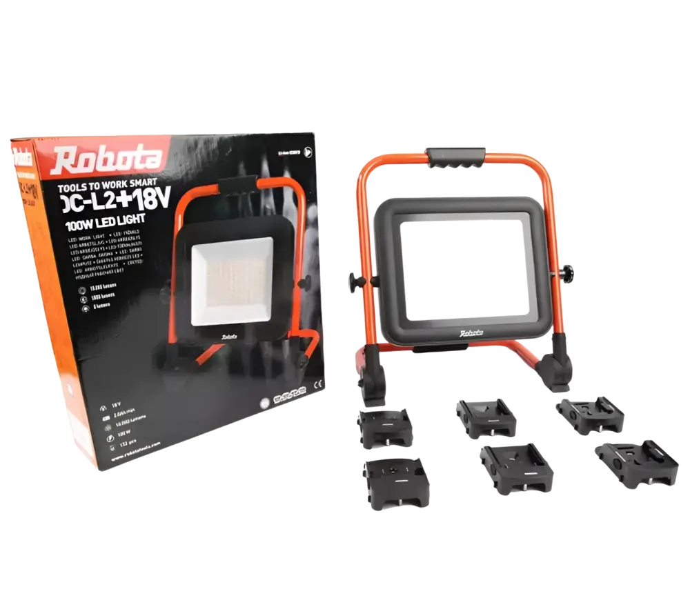 Robota dc-l2+18v akkukäyttöinen 100w led työvalo oranssi musta säädettävällä jalustalla tarjoaa ammattilaisille tehokkaan työvalon