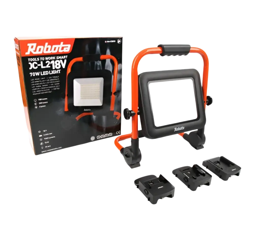 Robota dc-l218v tehokas akkukäyttöinen 70w led työvalo oranssi musta runko säädettävällä jalustalla