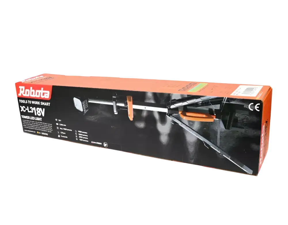 Oranssi ja musta kartonkipakkaus robota dc-l318v kokoontaittuvasta työvalosta 120 ledillä, yhteensopiva useimpien akkujen kanssa