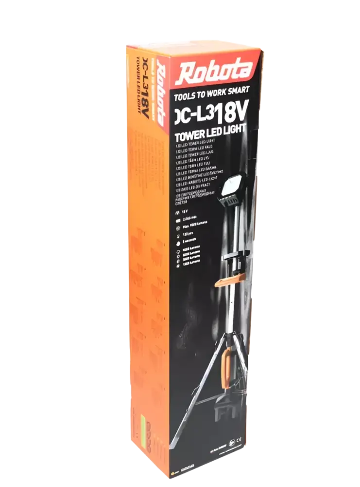 Robota dc-l318v led torni valo oranssi mustassa pakkauksessa, yhteensopiva useimpien akkujen kanssa