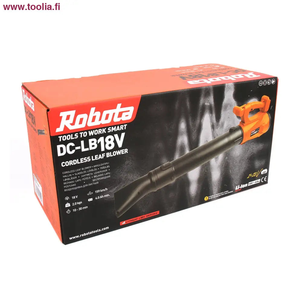 Robota DC-LB18V akkulehtipuhallin oranssi-musta pakkauksessa, säädettävä teho