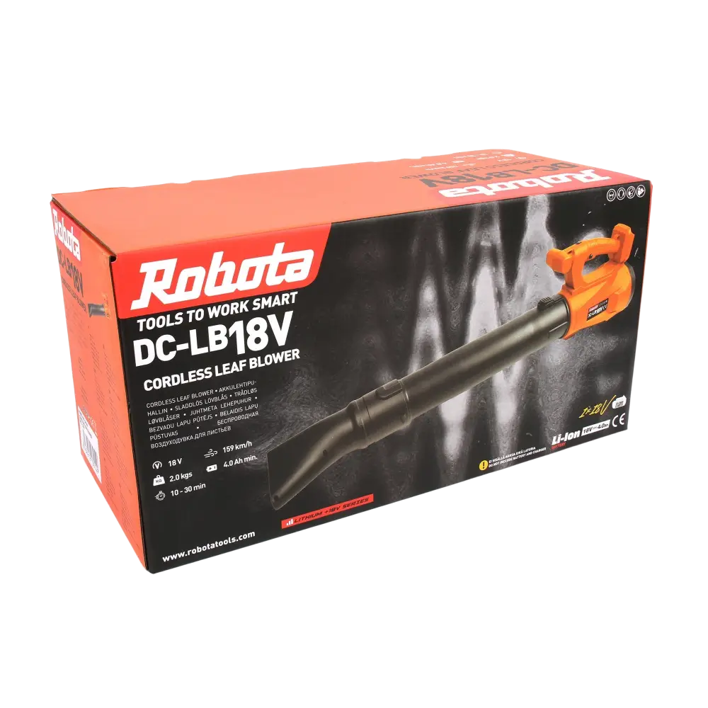 Robota dc-lb18v 18v akkulehtipuhallin oranssi musta säädettävä teho ja maksimi ilmamäärä retail-pakkauksessa