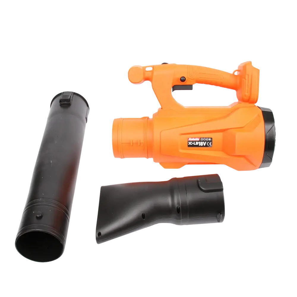 Oranssi musta 18v akkulehtipuhallin säädettävällä teholla ja maksimi ilmamäärällä mallilla 3c-lb18v