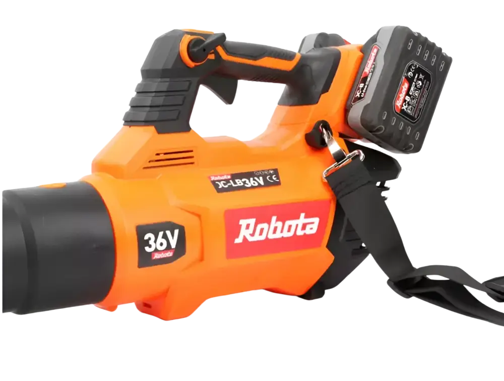 Robota dc-lb36v akkulehtipuhallin 36v runko oranssi ja musta lehtipuhallin selkäpuoli näkyvissä
