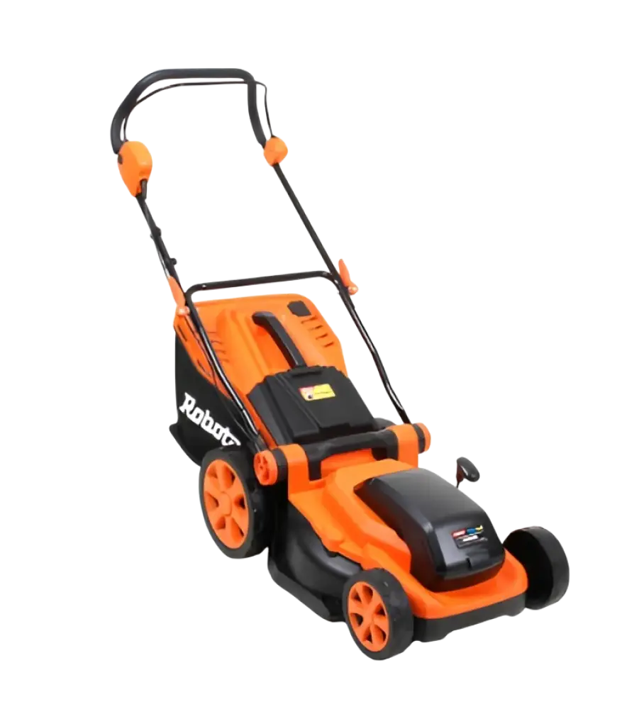 Oranssi ja musta akulla toimiva ruohonleikkuri tukeva kahva neljä pyörää robota merkki näkyvissä