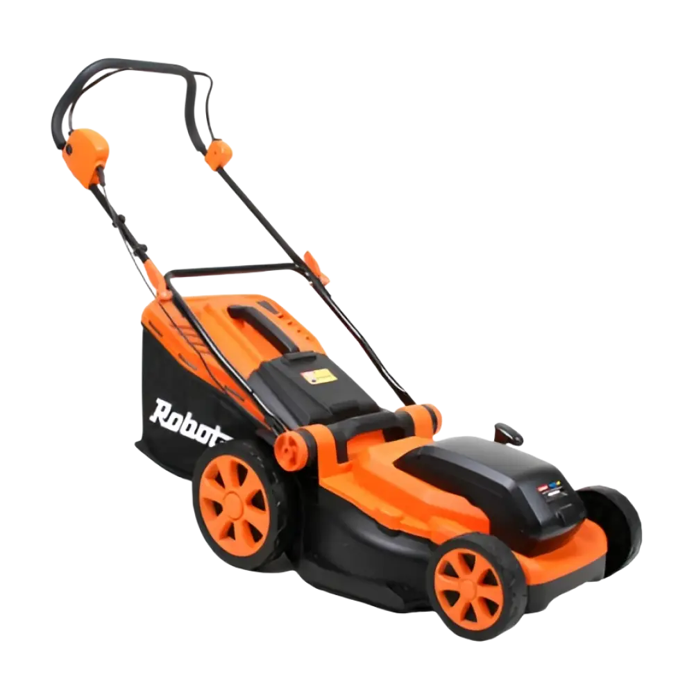 Moderni oranssi musta robota dc-lm36v akulla toimiva ruohonleikkuri tyylikkäällä muotoilulla