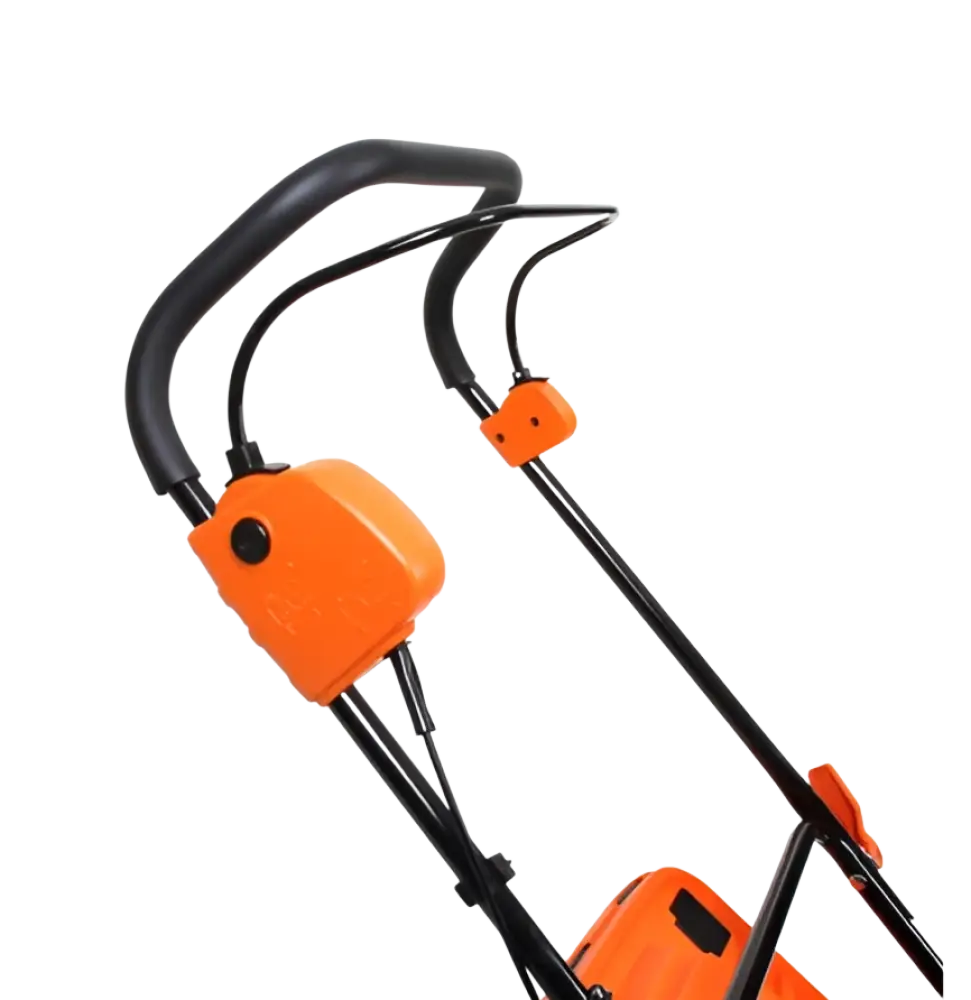 Robota dc-lm36v akulla toimiva ruohonleikkuri oranssi ja musta kahva ergonomisella otteella