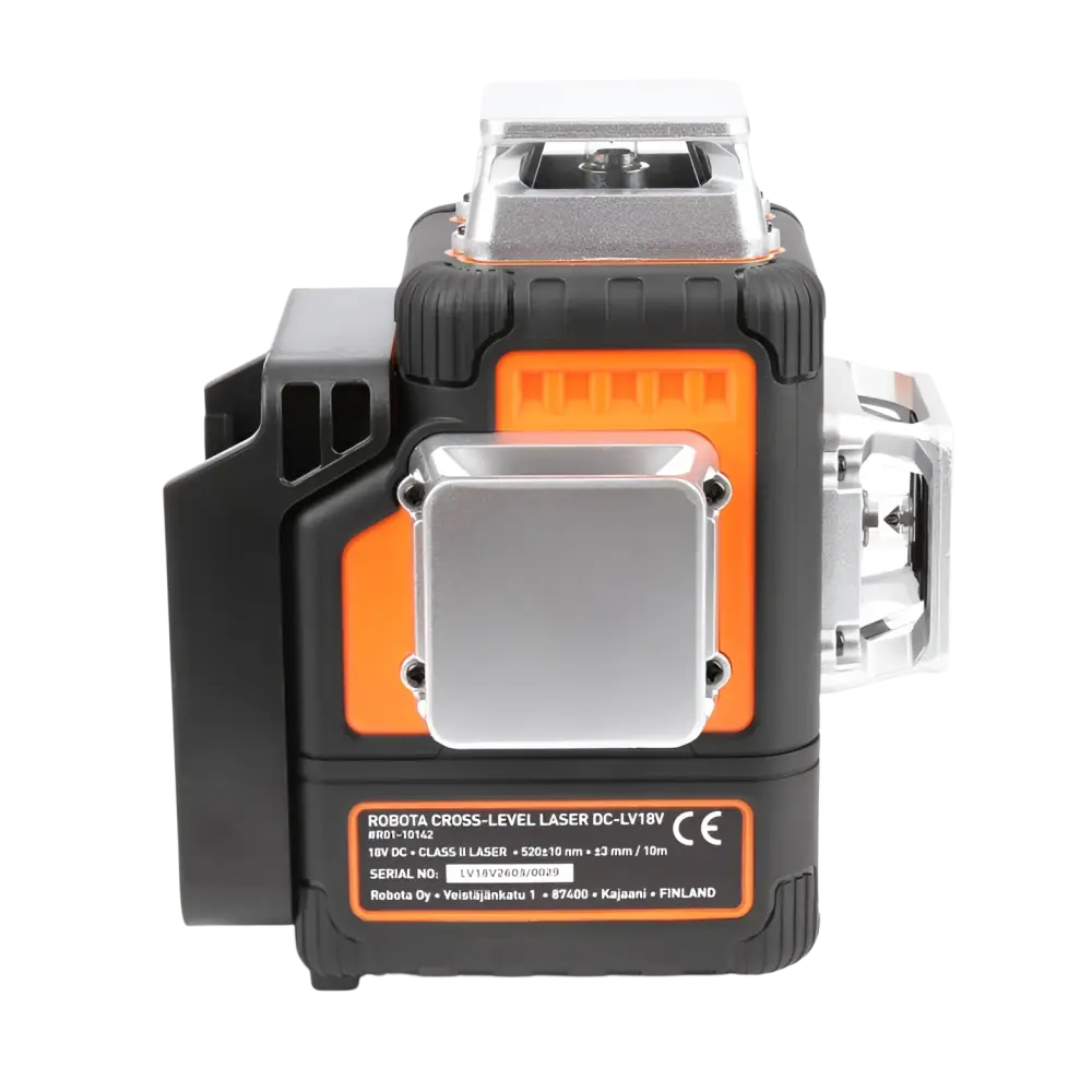 Robota 18v akkuristilaser dc-ly18v musta ja oranssi vihreällä laserilla ja hopeisilla metalliosilla