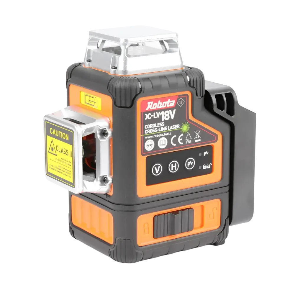 Robota 18v akkuristilaser xc-lv18v oranssi ja musta ristiviivalaser hopealla yläkotelolla