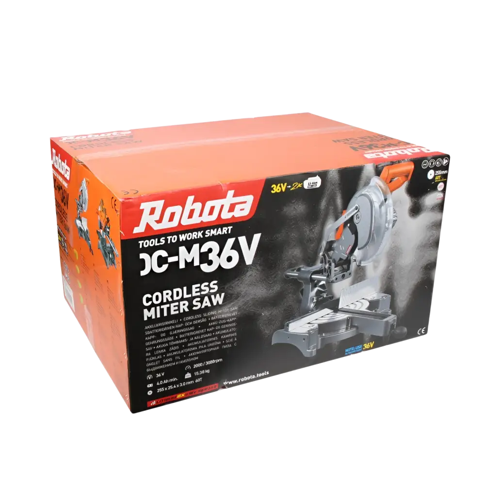 Robota dc-m36v akkuliukujiirisirkkelin oranssi ja musta laatikko kevyt alumiinirunko näkyvissä
