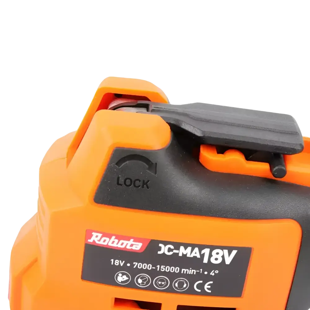 Robota dc-ma18v akkumonitoimityökalu oranssi musta langaton porakone teksturoidulla otteella ja lukitusmekanismilla
