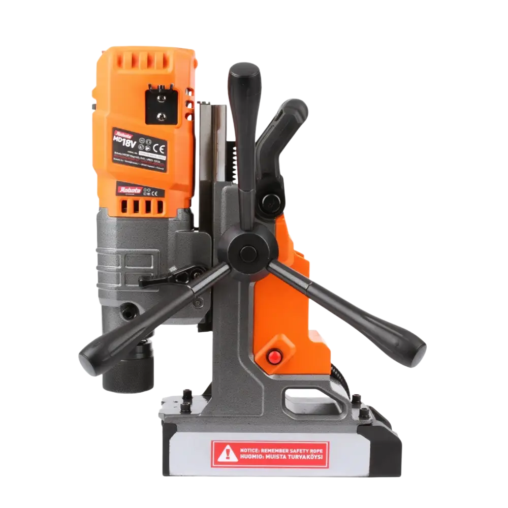 Robota dc-md18v akkukäyttöinen magneettiporakone oranssi ja harmaa magneetin pitovoima ja mustat kahvat