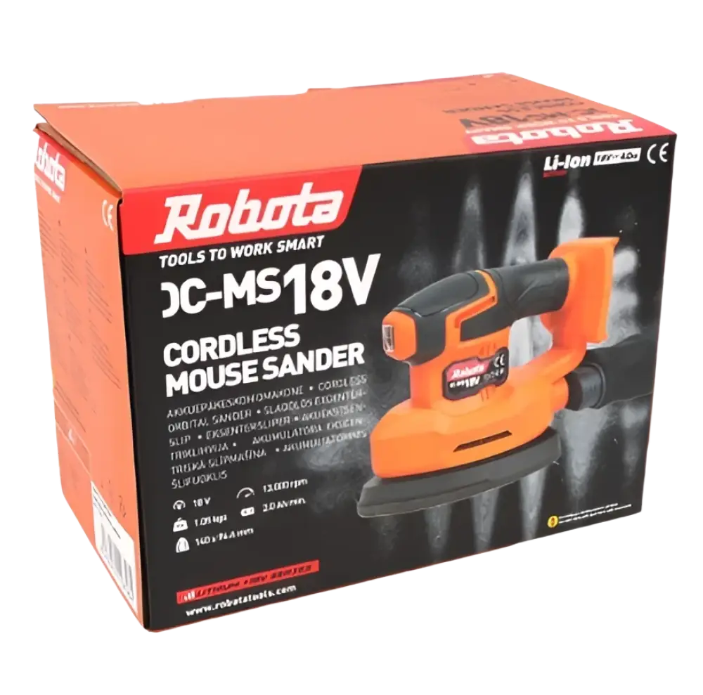 Oranssi ja musta robota dc-ms18v akulla toimiva hiomakone ergonomisella muotoilulla ja 140x96.6mm rungolla