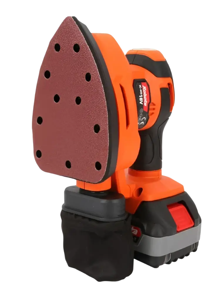 Robota dc-ms18v akulla toimiva hiomakone oranssi ja musta runko punaisella reikäisellä hiomapadalla