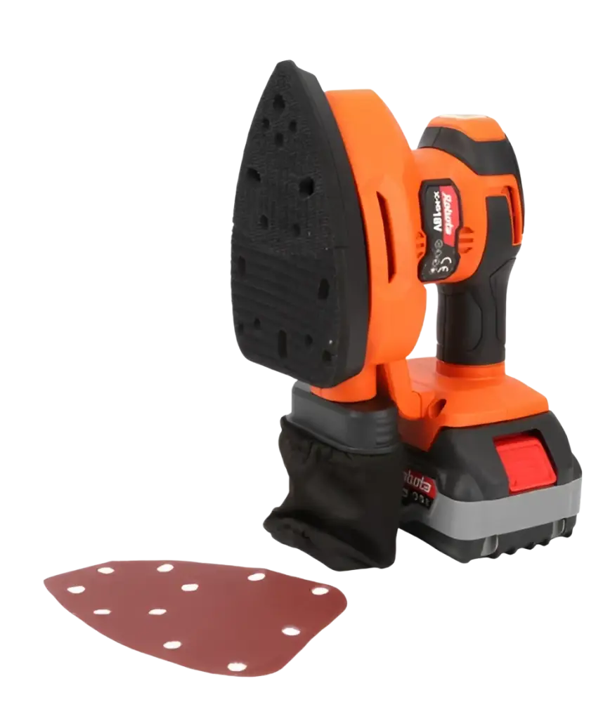 Robota dc-ms18v akulla toimiva hiomakone oranssi musta büsch logo teksturoitu hiomapadi 140x96,6mm runko