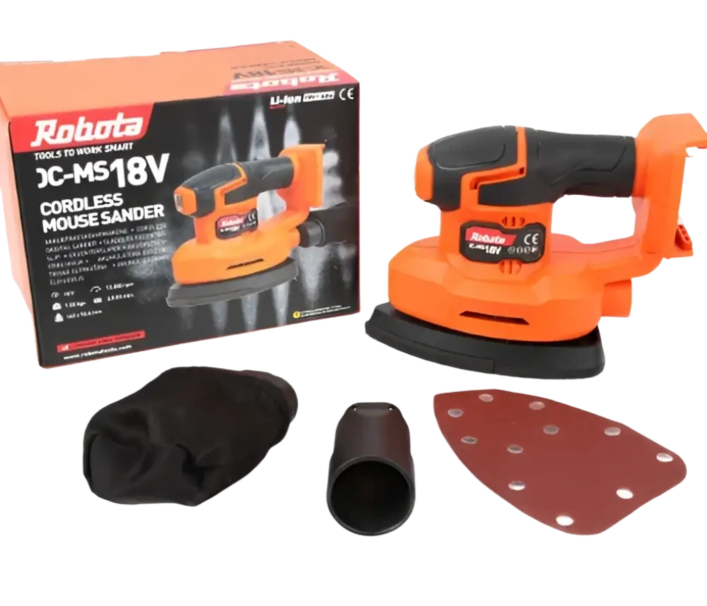 Oranssi ja musta robota dc-ms18v akulla toimiva hiomakone ergonomisella muotoilulla ja 140x96.6mm rungolla